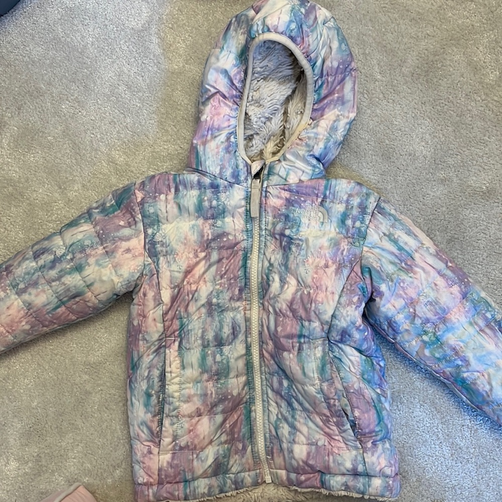 Girls multicolor north face fleece lined down jacket